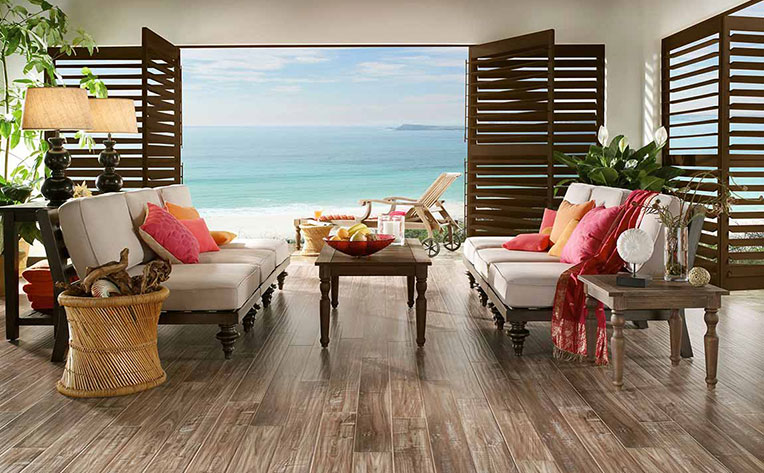 Room decorated with modern tropical decor